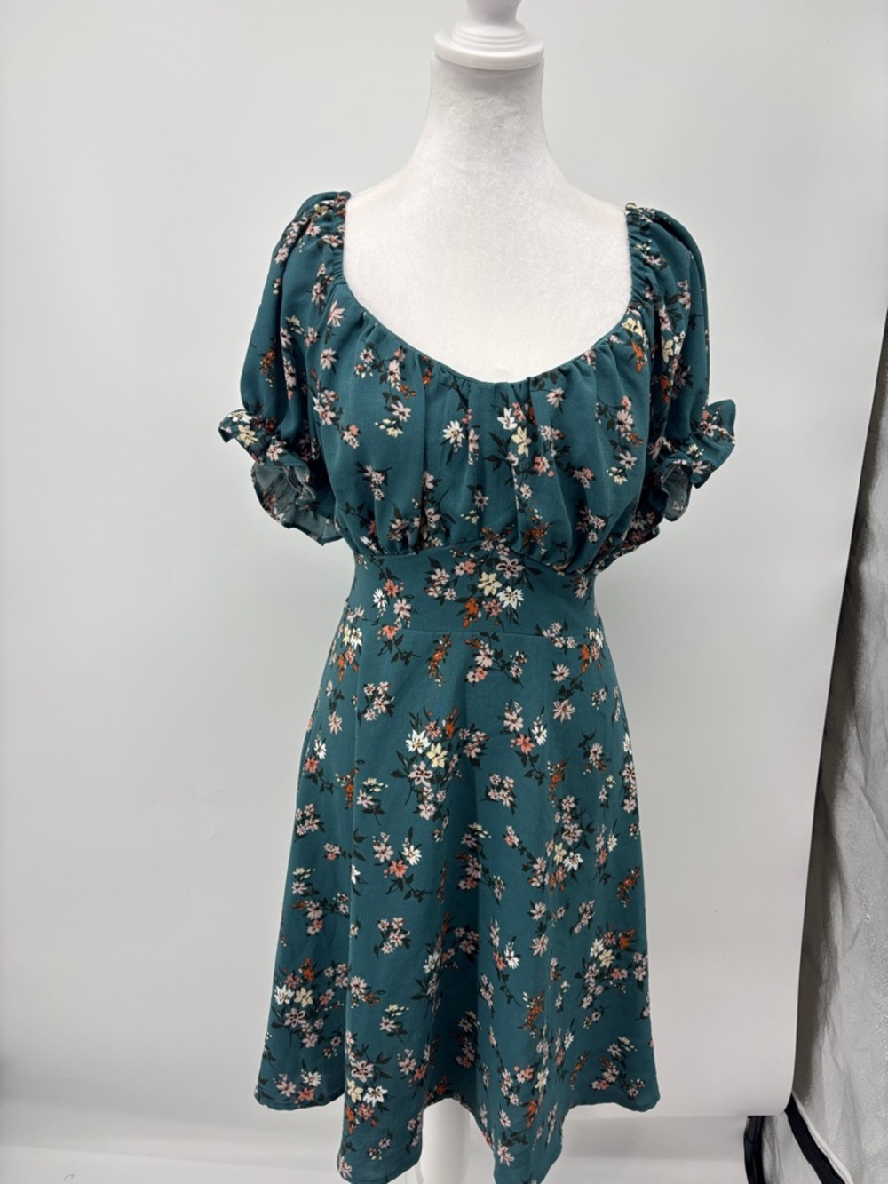 Inspired Hearts Teal Floral Puff-Sleeve Midi Dress